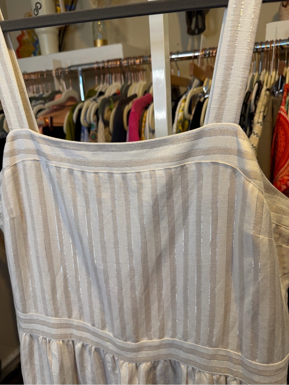 NWT LOFT Shimmer Striped White and Light Gray Maxi Linen Blend Dress - Picture 6 of 8